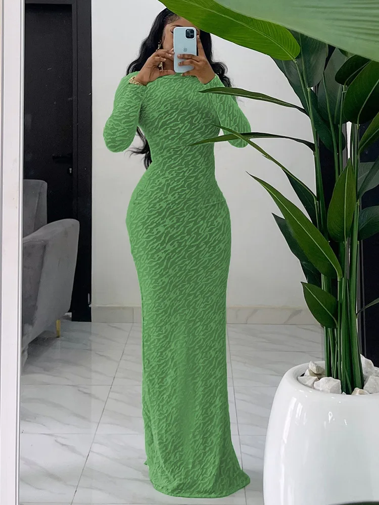 Crystal 2024 Female Clothes Solid Color Maxi Dress Party Club Vestidos Round Neck Long Sleeved Plush Slim Fit Dress For Women