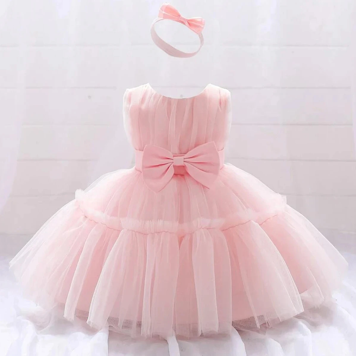 Fluffy Baby Bow Baptism Party Dresses For Girl Toddler Lace 1st Birthday Wedding Princess Evening Dress Pink Bridemaid Prom Gown