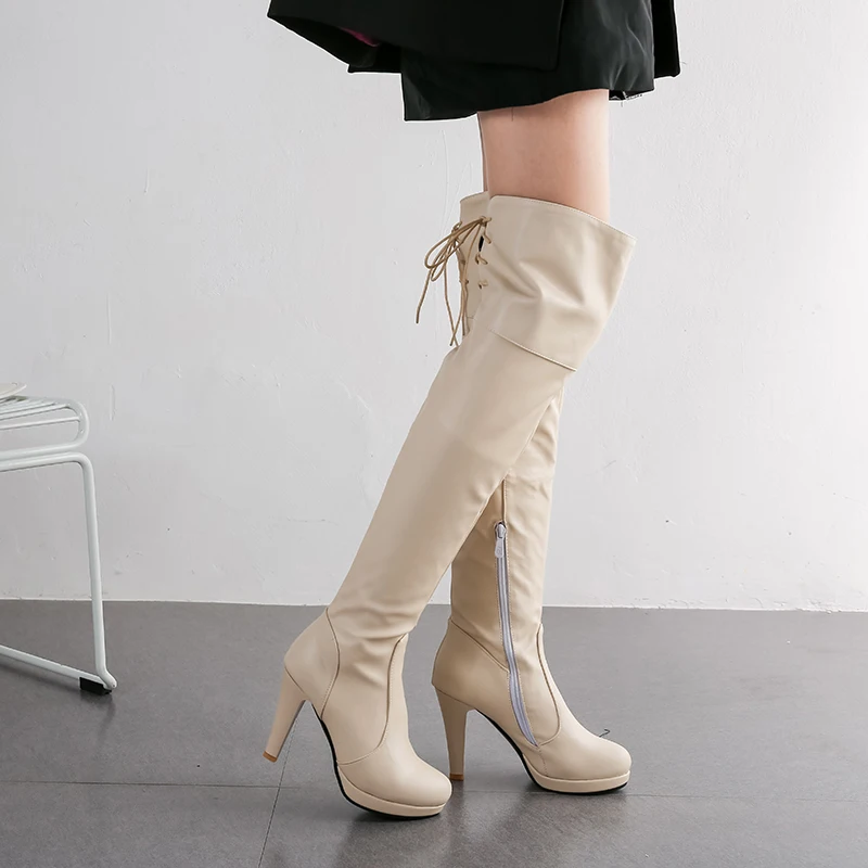 

Winter Women Over Knee Platform Boots High Thin Heel Black Beige Party Club Ladies Round Toe Zipper Long Riding Thigh-high Boots