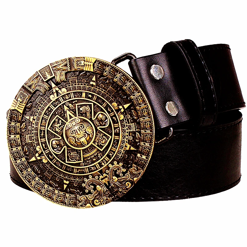 Maya Rune Aztec Solar Calendar Copper Buckle Round Fashion Belt Men Women Jeans Waistband PU Leather