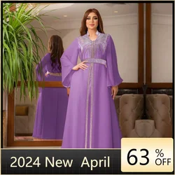 Robe en mousseline de soie avec ceinture pour femme, caftan marocain, robe arabe avec diamant, robes de soirée musulmanes, Eid Ramadan, Islam de luxe, mode 2024