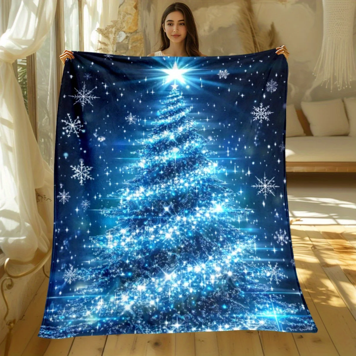 1pc Blue Christmas Tree Blanket Flannel Sparkling Starry Night Snowflake Design Holiday Decor Gift for Winter Season Cozy