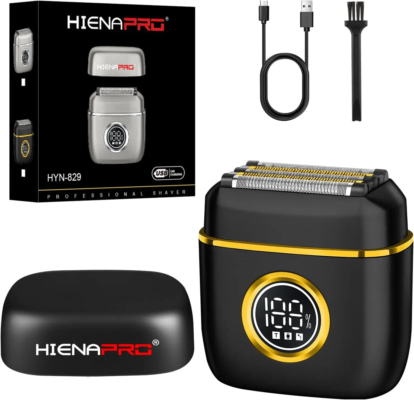 

Мужская электробритва с сетчатым лезвием - перезаряжаемая через USB-C, водонепроницаемая (IPX7), карманного размера, с LED-дисплеем для путешествий и дома (черно-золотая)