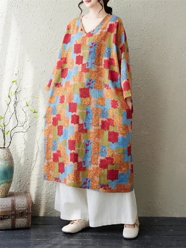Elegant V-Neck Midi Dress for Women Loose Fit Autumn Spring Mommy Style plus Size Slimming Cotton Polyester Blend Citywalk