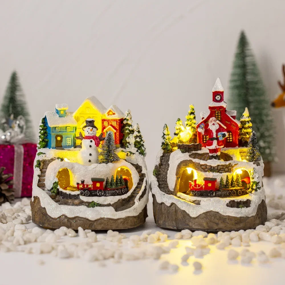 Christmas Village House Figurines Christmas Collectible Buildings Decoration with Spinning Train Music & LED Light for Christmas