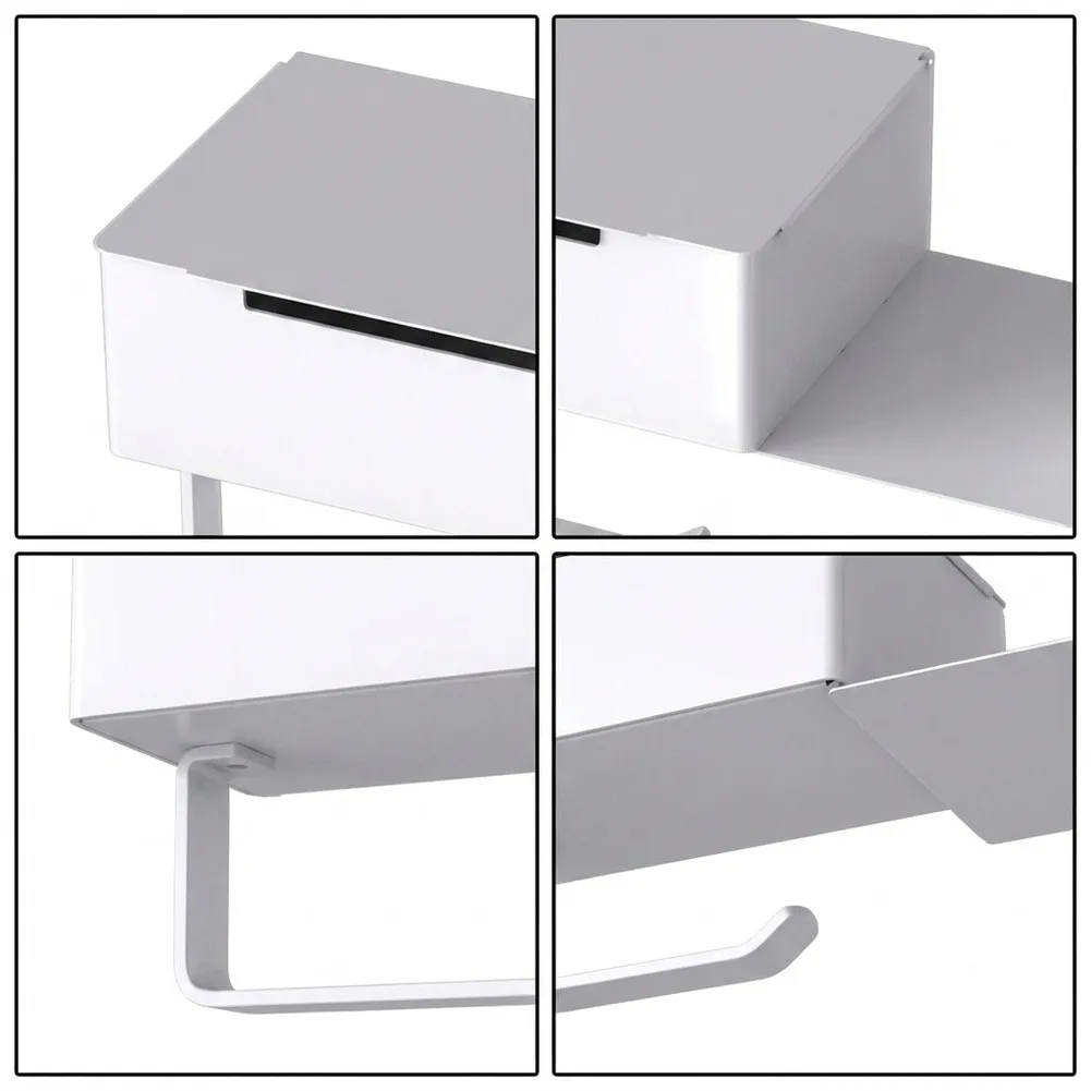 White Carbon Steel Toilet Roll Holder Stores Wipes and Phone Compact Bathroom Organizer 25x12.5x6.5cm Multifunctional