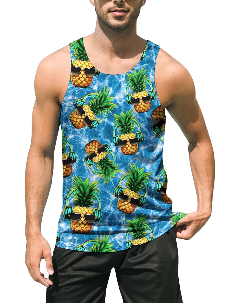 Coconut Tree Pattern Tanks Tops Sleeveless Round-Neck Street Style 3D Print Vest 6XL Plus Size Man Clothing Loose Casual Top