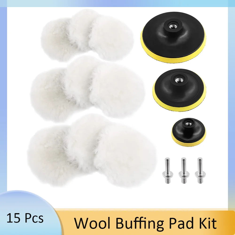 3/4/5 Inch Wool Buffing Pad Kit 15Pcs Polishing Wheel Hook and Loop Design for Drill Buffer Attachment for Car Body Polishing