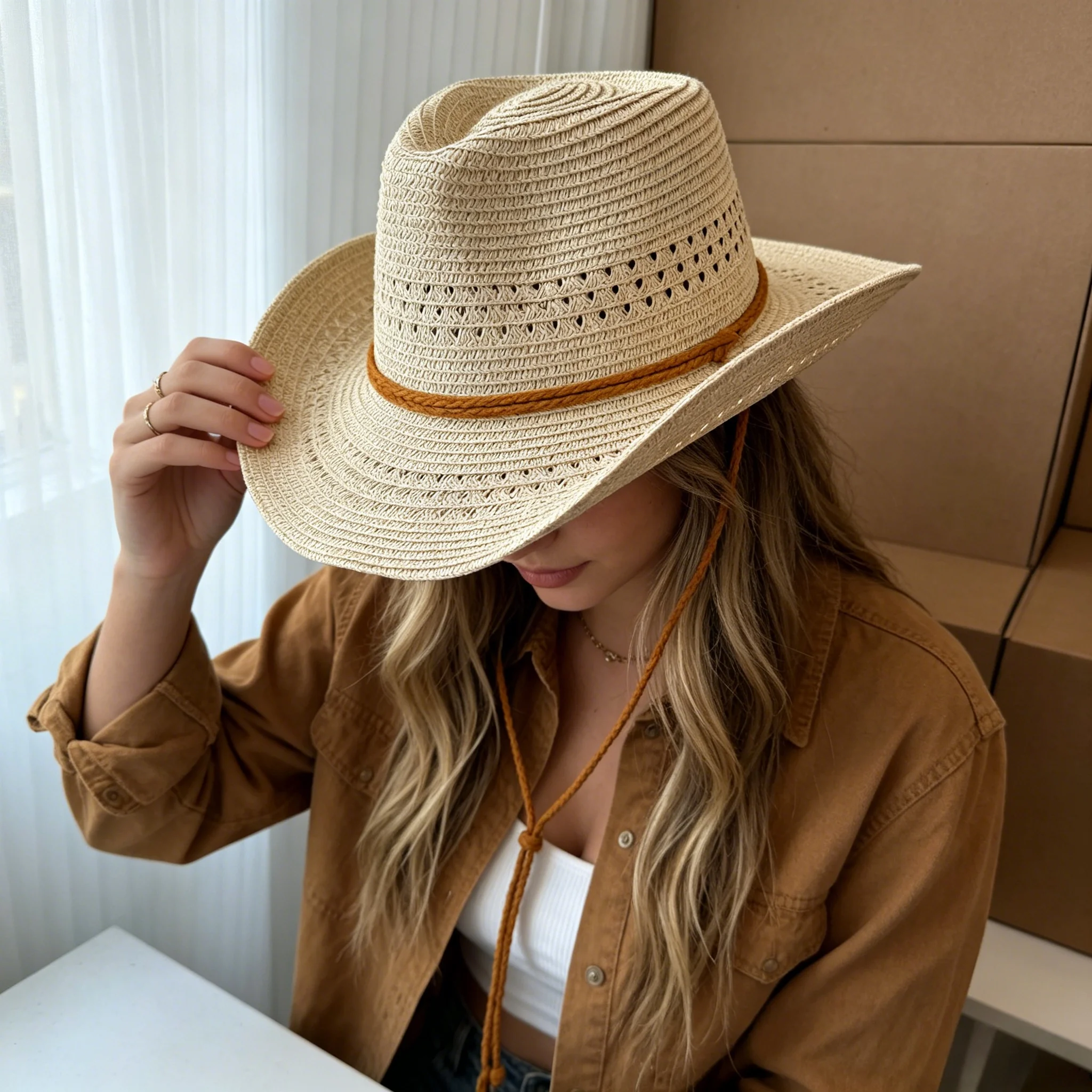 Panama Woven Hollow-Out Cowboy Hat, Uv Protection Sunshade Summer Hat, Versatile for Outdoor Leisure and Vacation, Stylish/Photogenic/Must-Have for Lazy People/Becomes a Hot Girl in One Second