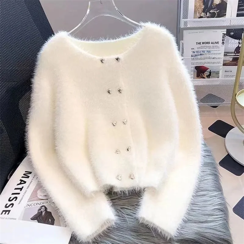 Sweter Rajutan Bulu Cerpelai Imitasi untuk Wanita 2025 Musim Semi Musim Gugur Musim Dingin Jaket Kardigan Rajutan Tampan Pendek Baru Pakaian Rajut