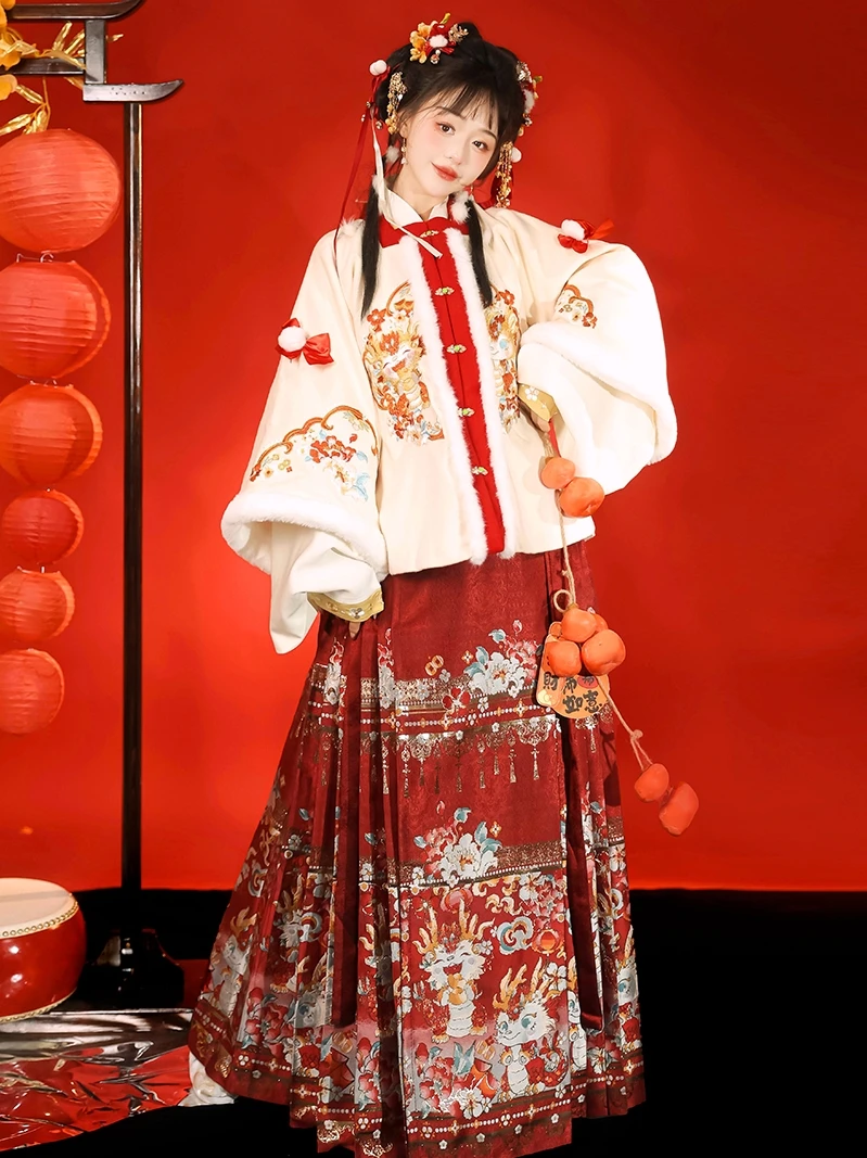 

Original Hanfu Women's Clothing Linglong New Year Semi-Linen Skirt Square Collar Autumn Winter Sle Embroidered Svel