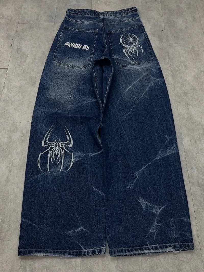 

American Retro Gradient High Waist Jeans Hip Hop Harajuku Goth Trendy Brand Oversized Straight Pants Spider Embroidery Jeans Men
