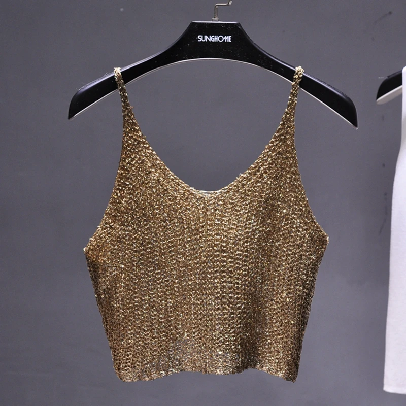 Sparkling Sequins Half Waist Render Knitwear Hollow-out Is Sexy Waist Condole Top Cropped  Sexy Streetwear   Woman Tops Summer