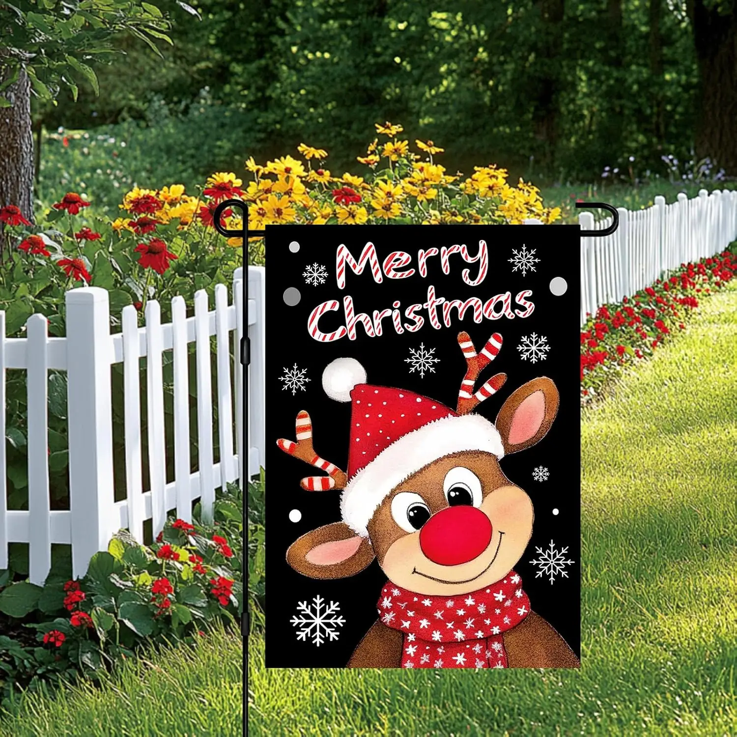 Merry Christmas Reindeer Garden Flag Double Sided Red Nose Cute Animal Winter Garden Flag Festive Holiday Outdoor Yard Decor GGO