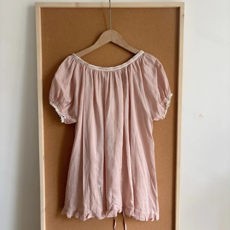 Sweet Style Dongda Gate Fermata 100% Flax Button Short Sleeve Shirt Doll Top with Belt Loose Fit Bubble Sleeve Women's Shirt