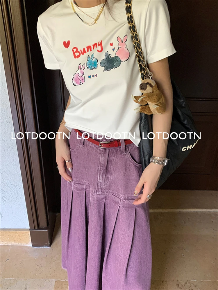 LOTDOOTN New Cotton Tops Kawaii Rabbit Graphic Tshirts Women Cute Short Sleeves Tops Japanese Y2k Preppy Style Casual Sweet Tees