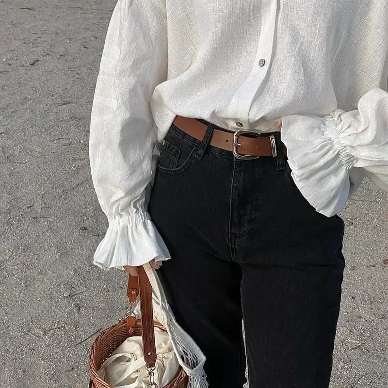 Women's Clothing 2025 Summer New Style Loose Oversized Lapel Lantern Sleeve Long Sleeved Shirt Women's Top