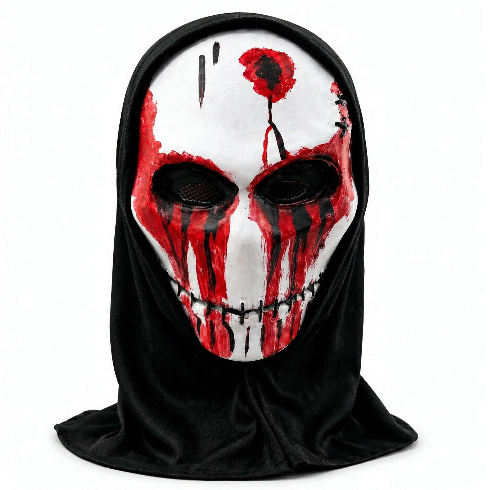 Halloween Scary Stitched Face Latex Mask with Black Cloth Hood, Terrifying Cos Prop for Haunted House, Escape Room & Theme Party