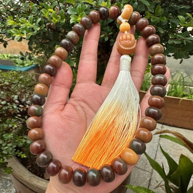 Abacus Bead Multi-Gem Bodhi Root Bracelet with Apple-shaped Beads, Weathered Yellow, Collectible Hand Jewelry