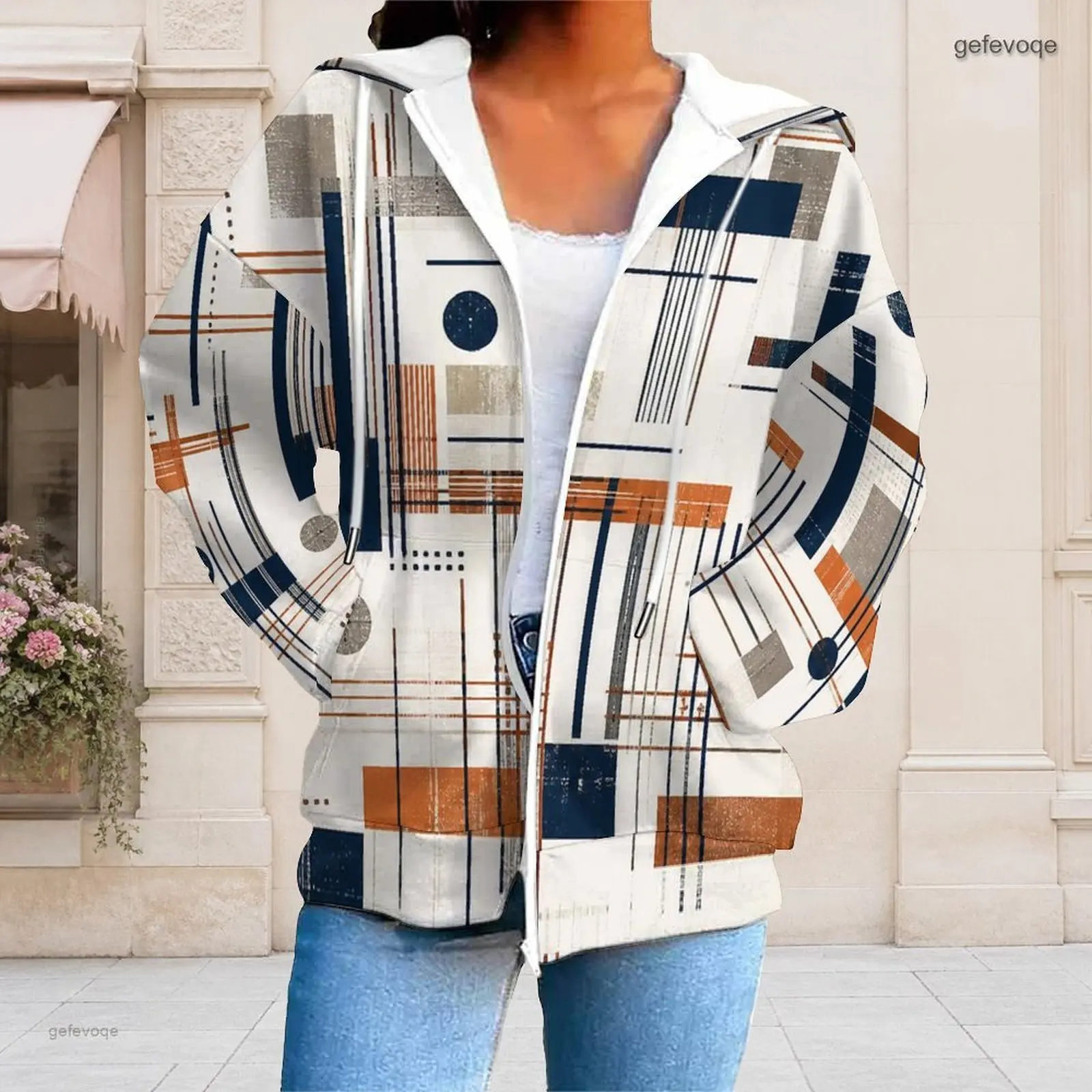 Women Black Orange Off White Geometric Sunburst Radial Stripe Print Zip Up Long Sleeve Hoodie with Pockets