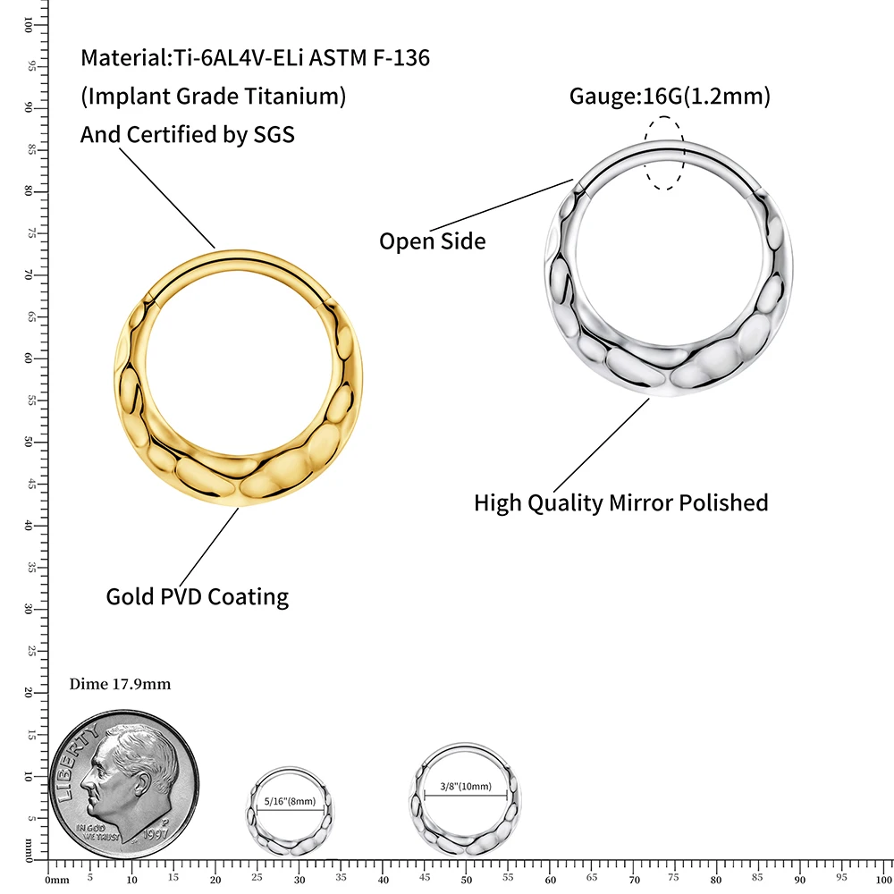 Right Grand ASTM F136 Titanium 16G Hammered Disc Septum Hoop Ring Textured Hinged Segment Nose Clicker 8mm/10mm Daith Rook Helix Earring Piercing Body Jewelry for Women Men