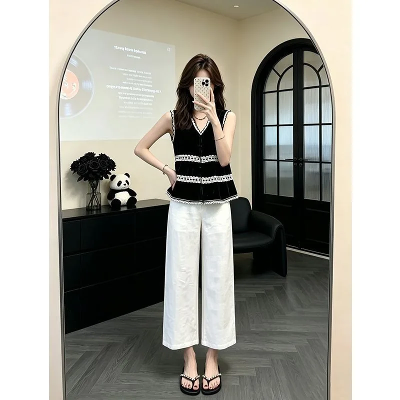 Women Clothes Summer Korean Fashion Button V-neck All-match Fashionable Female Appear Thin Slim Sleeveless Lace Patchwork Tops
