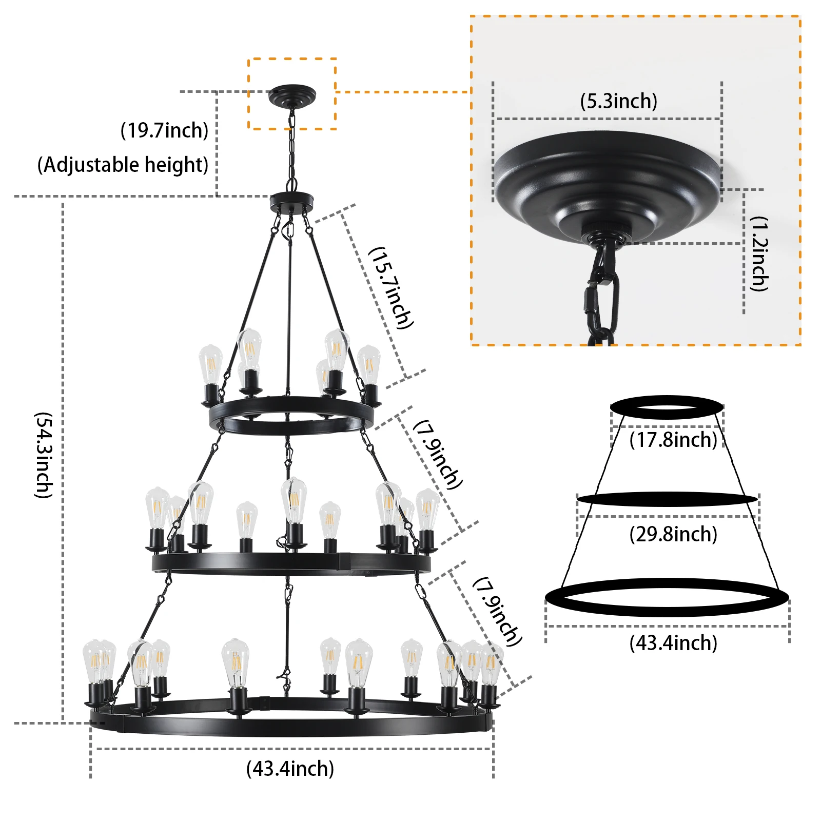 45 inch 27-Light 3 Tier Round Pendant Light Farmhouse Industrial Style Candle Chandeliers for High Ceilings Black