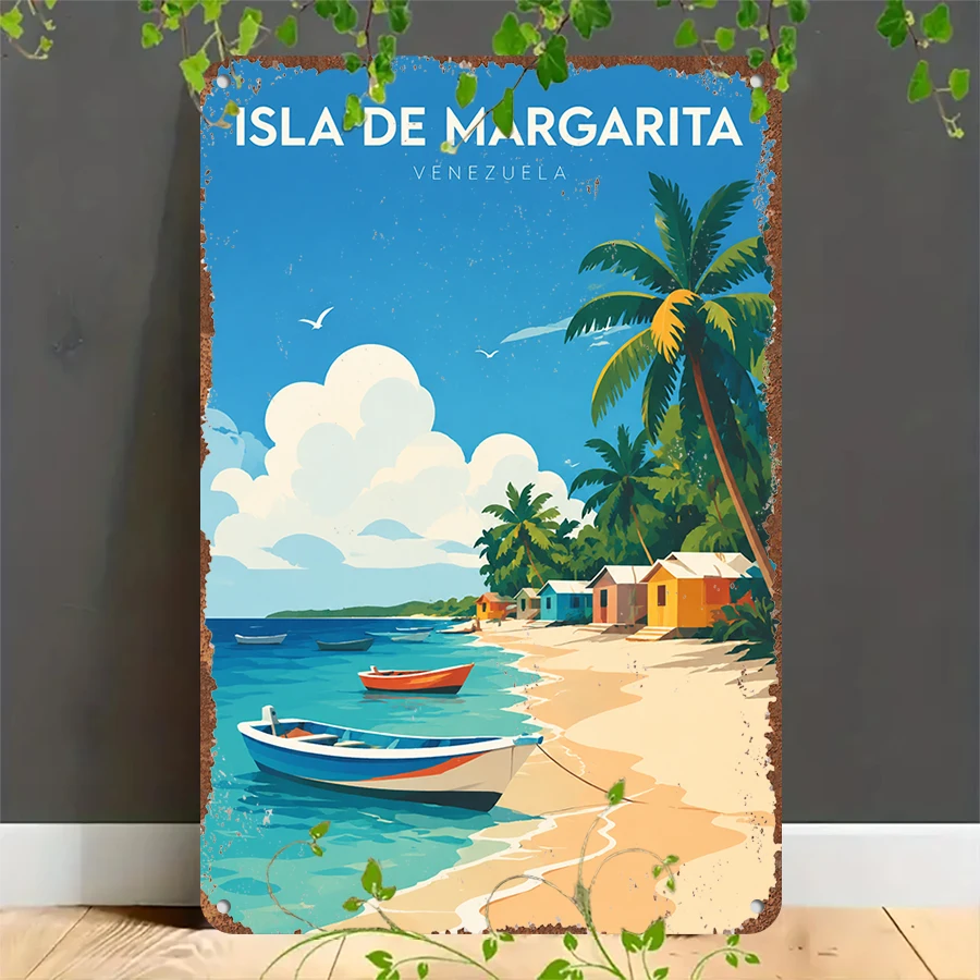 2D flat retro metal tin plate,  Vintage Isla De Margarita Beach Tin Sign, Suitable for home, garage, café, bar and garden decoration
