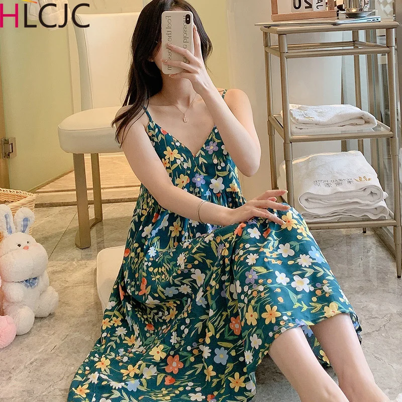 New Nightdress Women\'s Summer Spaghetti Strap Dress Long Print Simple Sleepwear Women Large Size Pajamas Sweet Girl Nightgowns