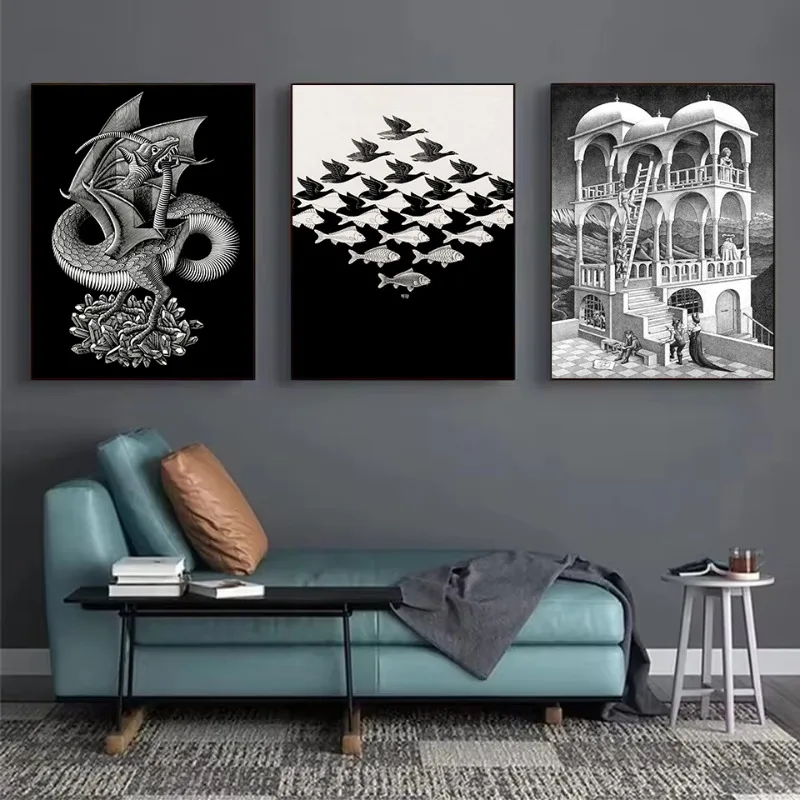 Surrealism M.C. Escher Classic Sky And Water Graphic Artwork Black And White Poster Canvas Painting Wall Art Picture Home Decor