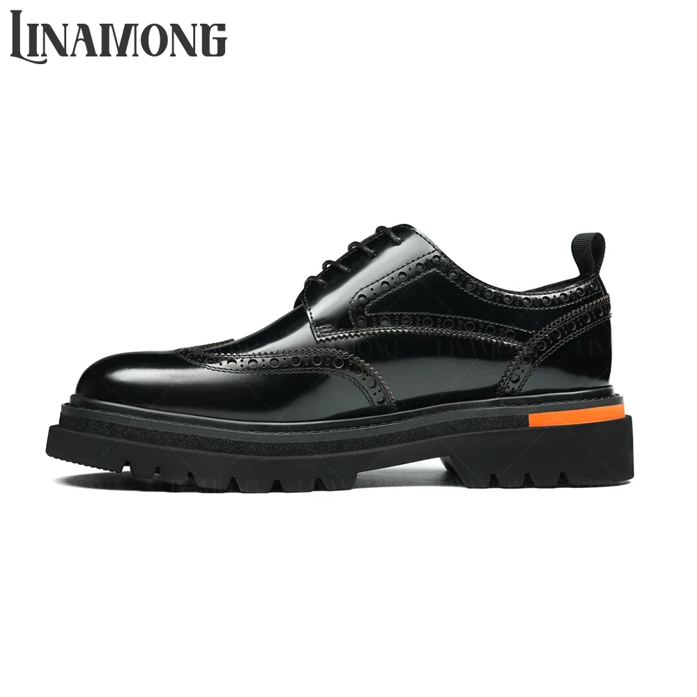 Glossy Genuine Leather Business Casual Shoes Thick Soled Lace up Derby Shoes Vintage Carved Handmade Shoes Mern's Wedding Shoes