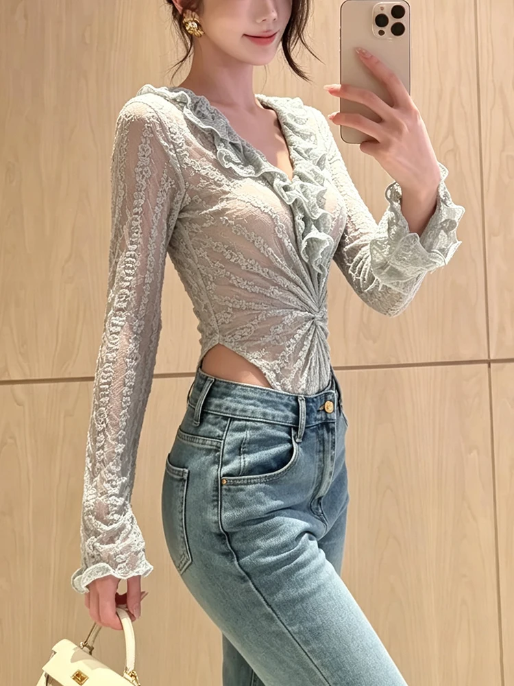 Weird Puss Rüschenrand-Patchwork-Bodysuits für Damen, modisch, schlicht, durchsichtig, geraffter V-Ausschnitt, lange Ärmel, Hottie-Party-Clubwear – Detail 11
