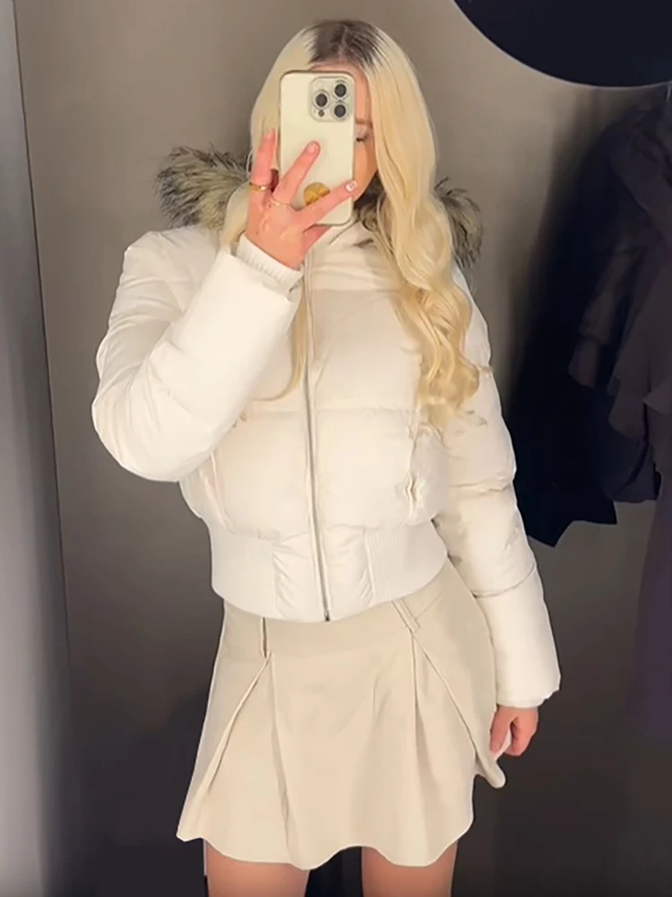 Vintage Faux Fur Hooded Short Cotton Jackets Women Elastic Waist Zip Up Ribbed Hem Padded Coats Winter Warm Streetwear Outerwear