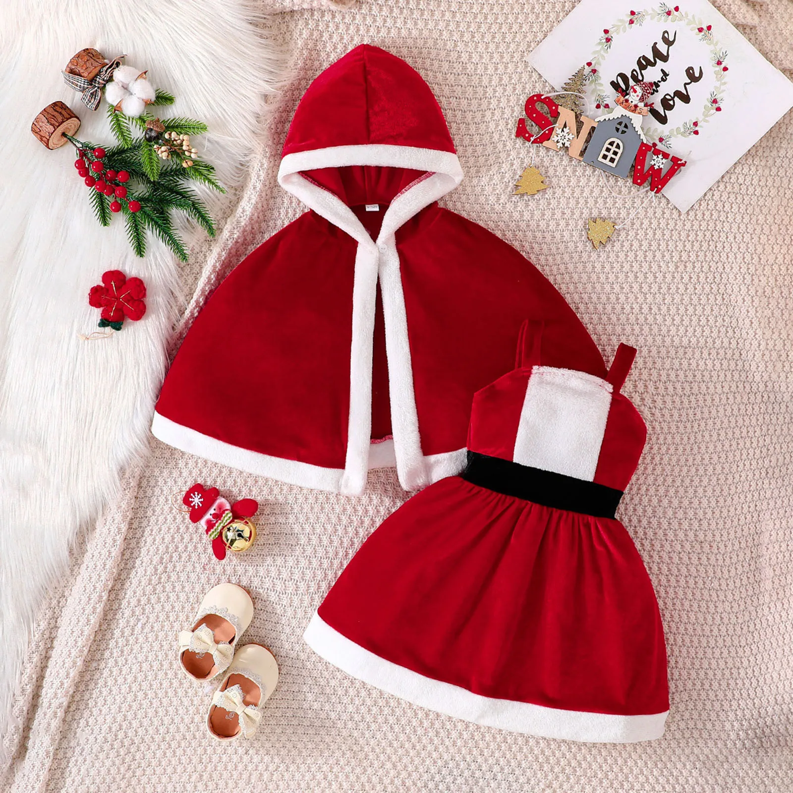 Toddler Girls Christmas Outfits Sets Autumn Winter Fleece Sleeveless Christmas Vest Dress Hooded Cloak Sets 1-5T Baby Clothes