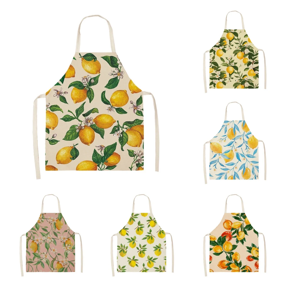 Home Kitchen Apron Women Cooking  Household Cleaning Cotton Linen Fruit Lemon Pattern Characteristic Design