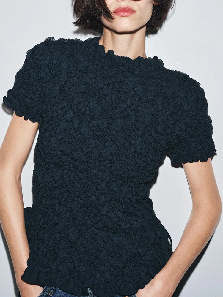 Spring New Women's Knitted Short Sleeve round Neck Knot Versatile Texture Top European Style Casual Wear