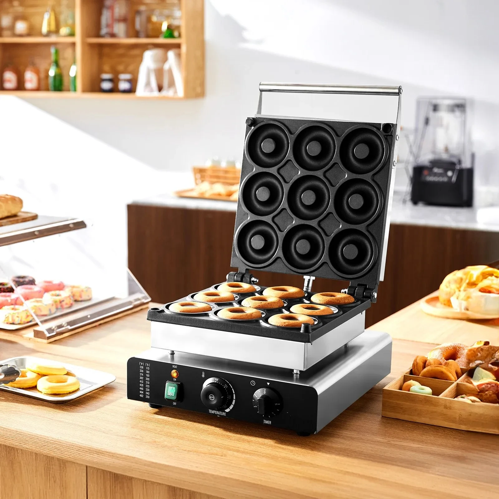 Electric Donut Machine Commercial Doughnut Machine with Non-stick Surface, 9 Holes Double-Sided Heating Waffle Machine