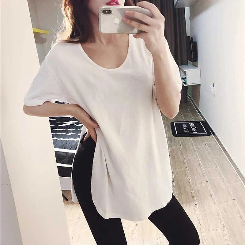 Short sleeve Women Hong Kong Style Simple Student Irregular T-shirt Ins Popular Net Red Loose Split Top Clothes