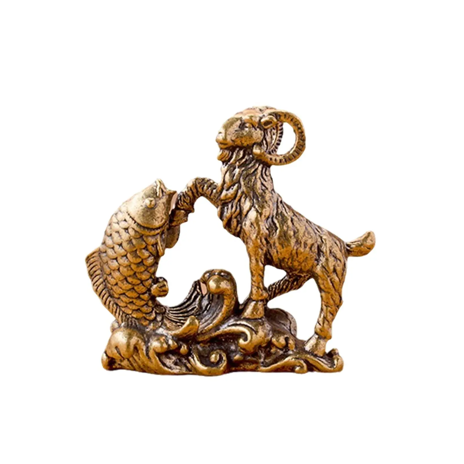 Sheep and Carp Statue Animal Collectible Statue Table Centerpiece Creative Lucky Fish Brass Desktop Figure for Cabinet Office