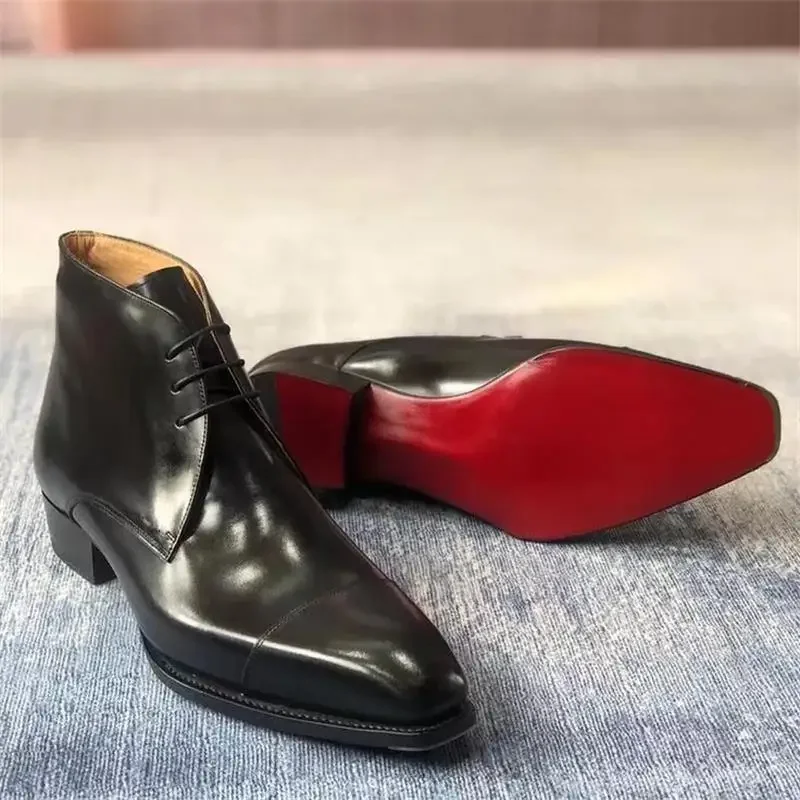 Botines de suela roja para hombre, botas Chelsea de negocios con cordones y punta cuadrada, zapatos negros hechos a mano