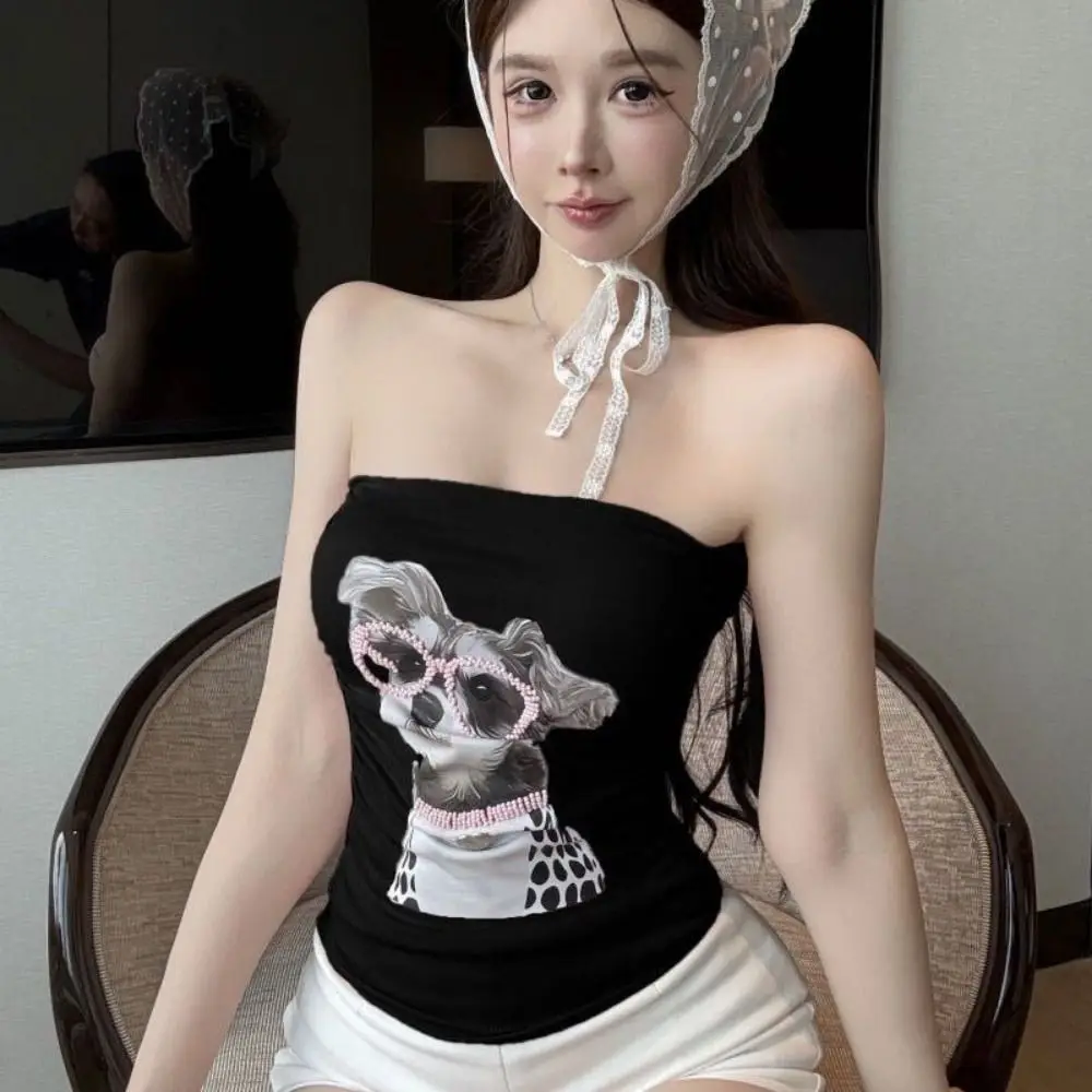 مطبوعة جرو الكرتون الكلب نحيل سترة قمم الدبابات قمم الجمال الظهر سترة دون أكمام مع منصات سليم صالح الشارع الشهير