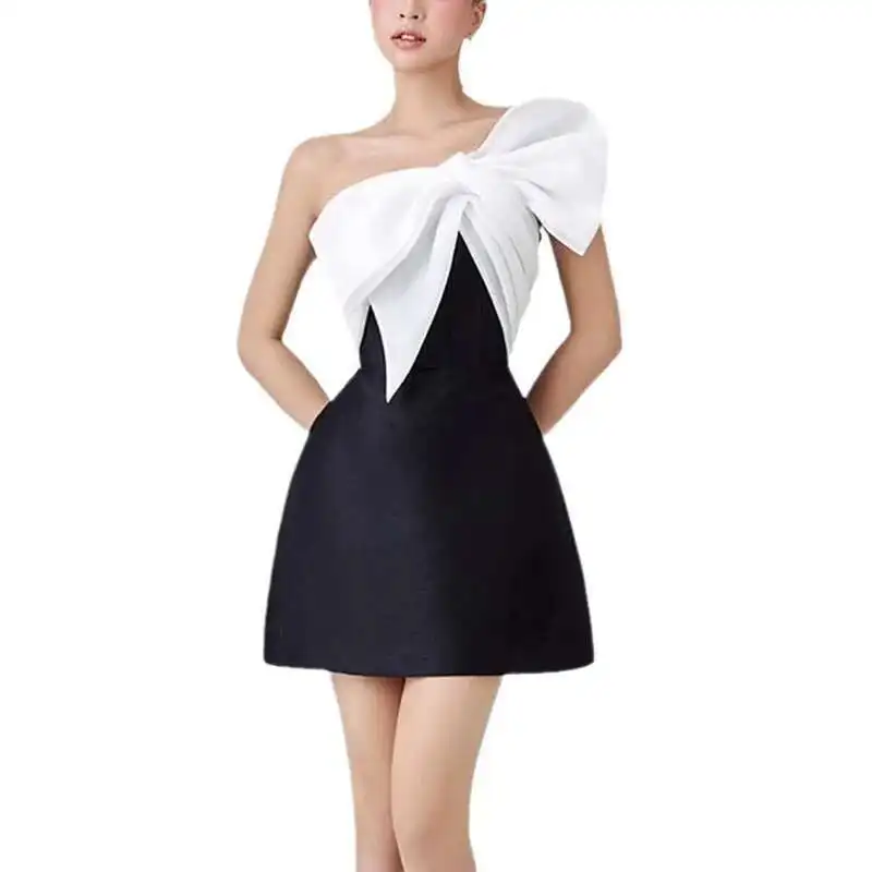 

Luxury Party Dresses Women Elegant Summer White Big Bow Black Sleeveless Backless Mini Evening Prom Vestidos