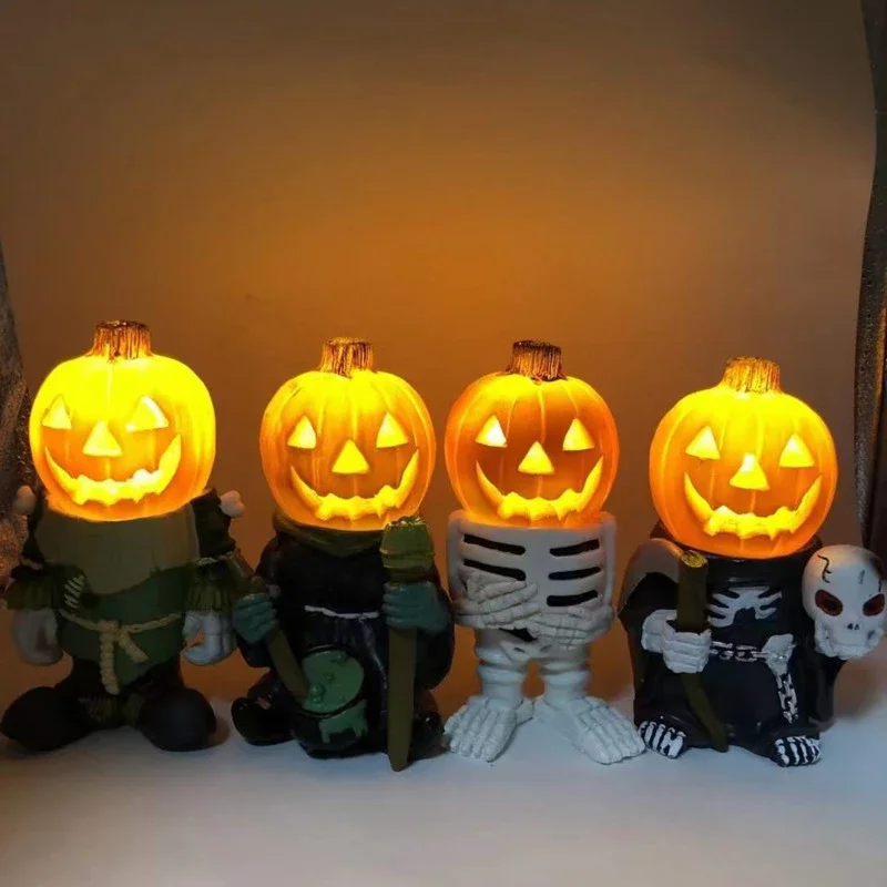 

Halloween Luminous Pumpkin Knight Ghost Statue Glowing Pumpkin Head Resin Sculpture Ornaments Garden Party Home Decoration Gifts