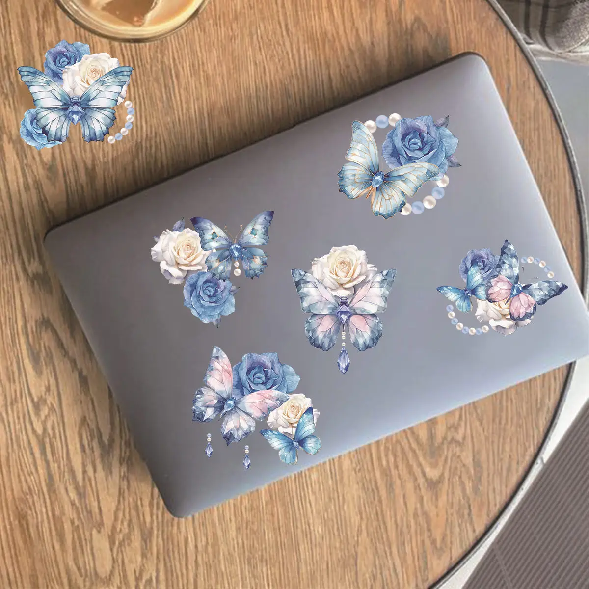 Etori Life 20 PCS PET Ice Crystal Laser Retro Blue Butterfly Flowers Guka Student DIY Stationery Decoration Stickers Cups,Gifts