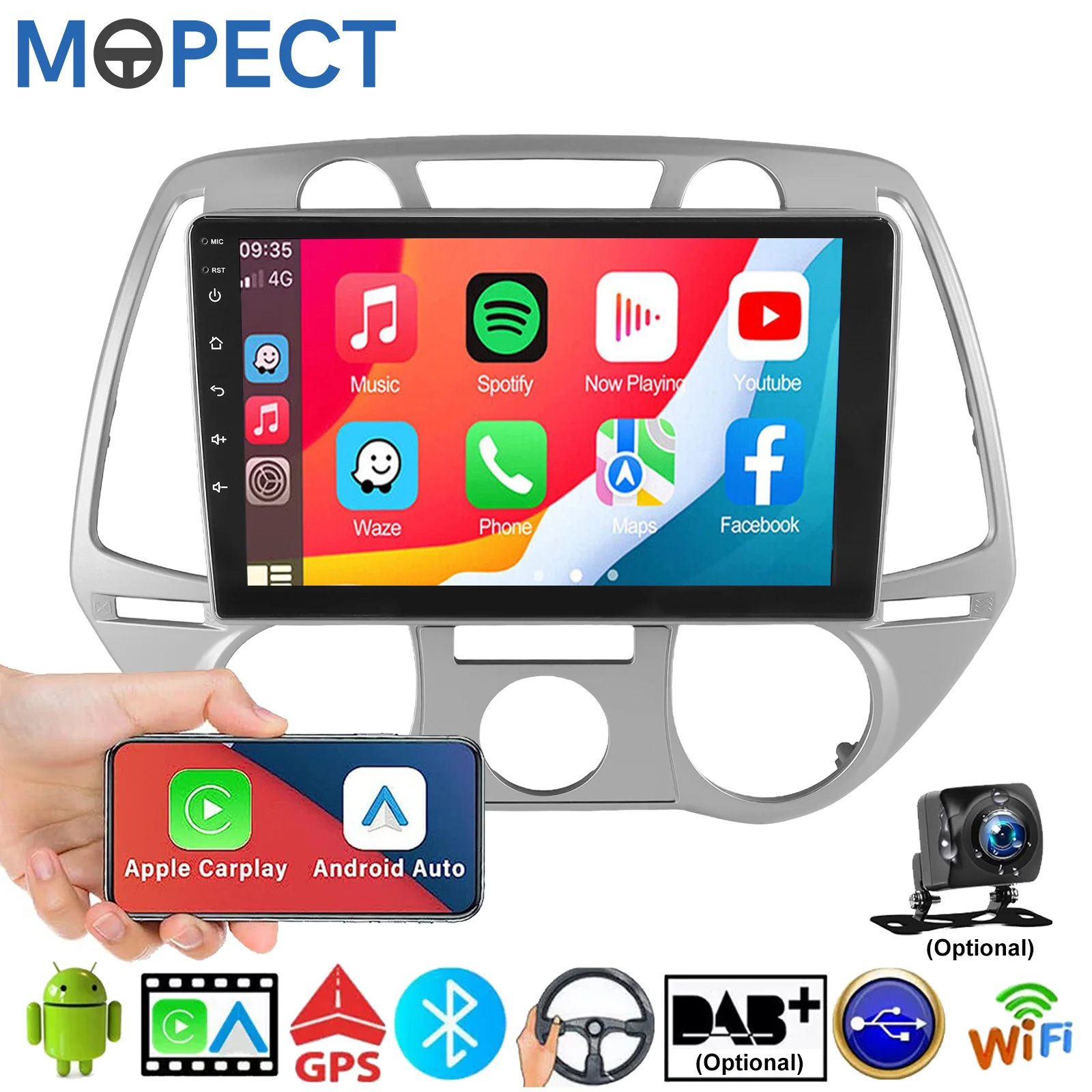 Autoradio MOPECT 9" per Hyundai i20 2008–2012 con CarPlay, Android 15, 2+32G/4+64G, Display IPS, Radio RDS AM/FM, Bluetooth con DAB+ e DVR