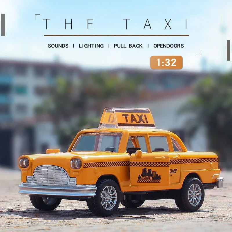 1/32 Retro Taxi Model Auto Legering Miniatuur Speelgoed Auto Diecast Voertuig Collectie Geluid Licht Baby Speelgoed Voor Kinderen kinderen Dag Gift