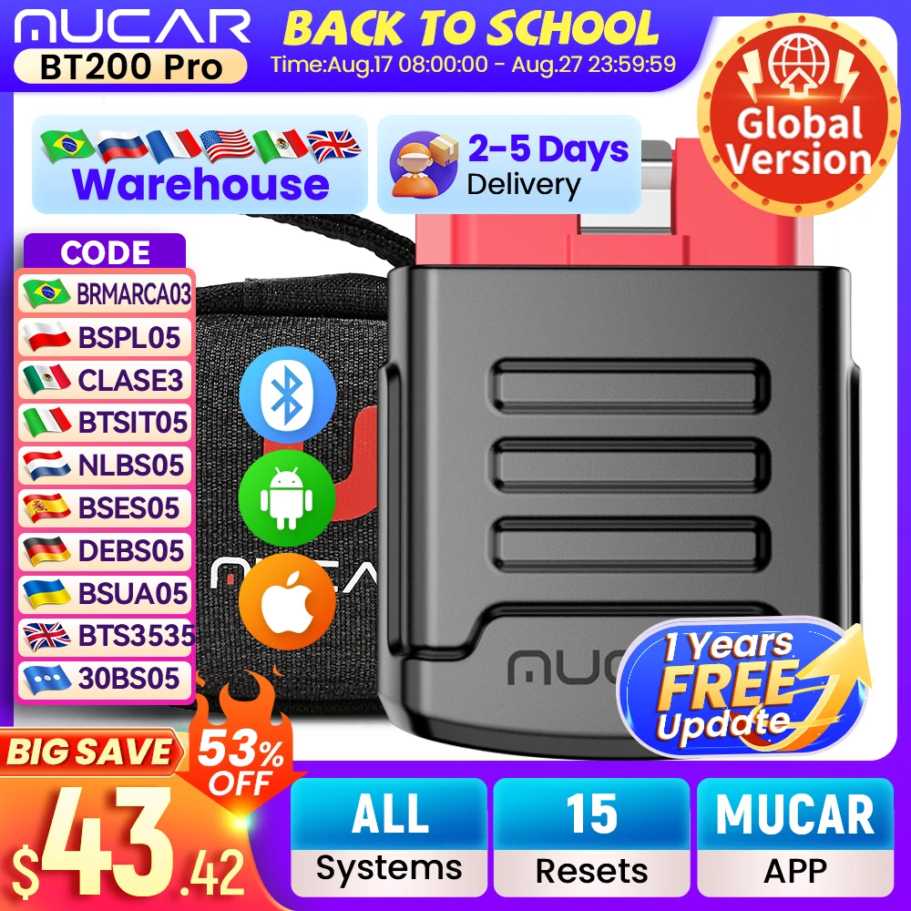 MUCAR BT200 BT200 PRO Automotive Diagnostic Tools OBD2 Scanner Bluetooth Wifi for All Cars Auto Obd 2 Tester 15 Resets Diagnosis