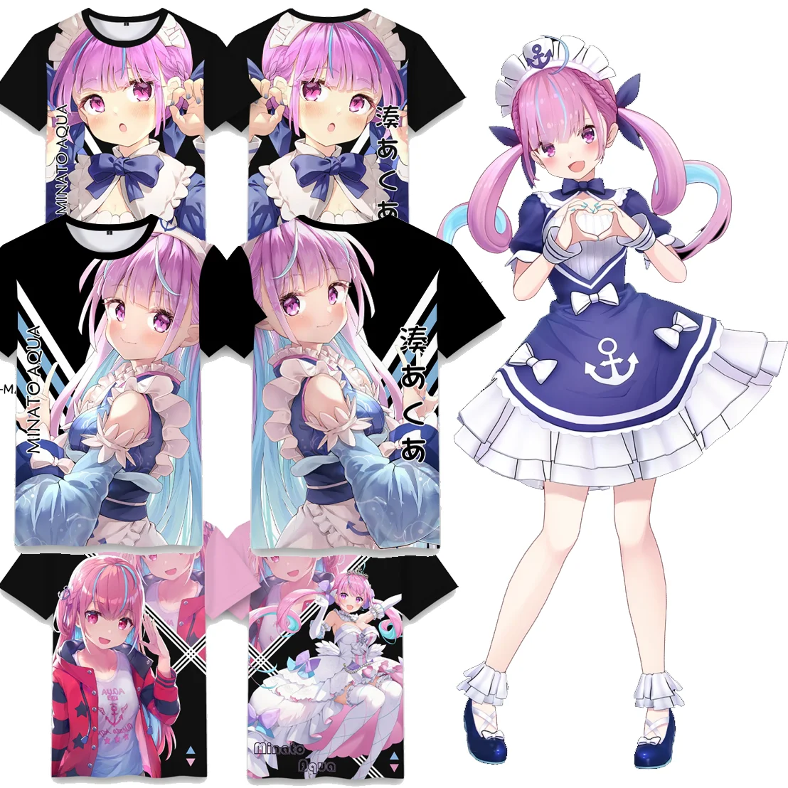 

Hololive VTuber Minato Aqua Графическая футболка 2025 Новый милый детский аниме-футболка с 3D принтом для мужчин/женщин Harajuku Футболка с короткими рукавами Y2k Top