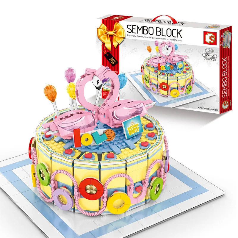 Sembo Blocks Happy Birthday Wedding Cake Model Flower Flamingo Juguetes Cute Girl Gifts for Boy DIY Bricks Kids Toy 601402