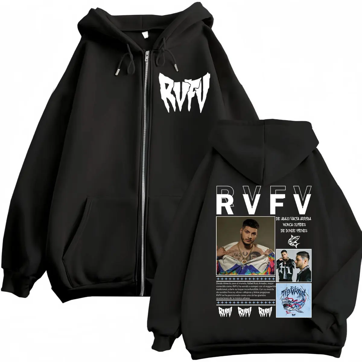 

Rapper RVFV Eltiburón Tour Zipper Hoodies Hip Hop Vintage Zip Up Hooded Sweatshirts Men's Women's High Quality Fashion Pullovers